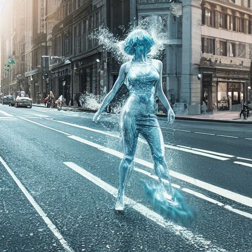 water elemental woman walking across a busy street